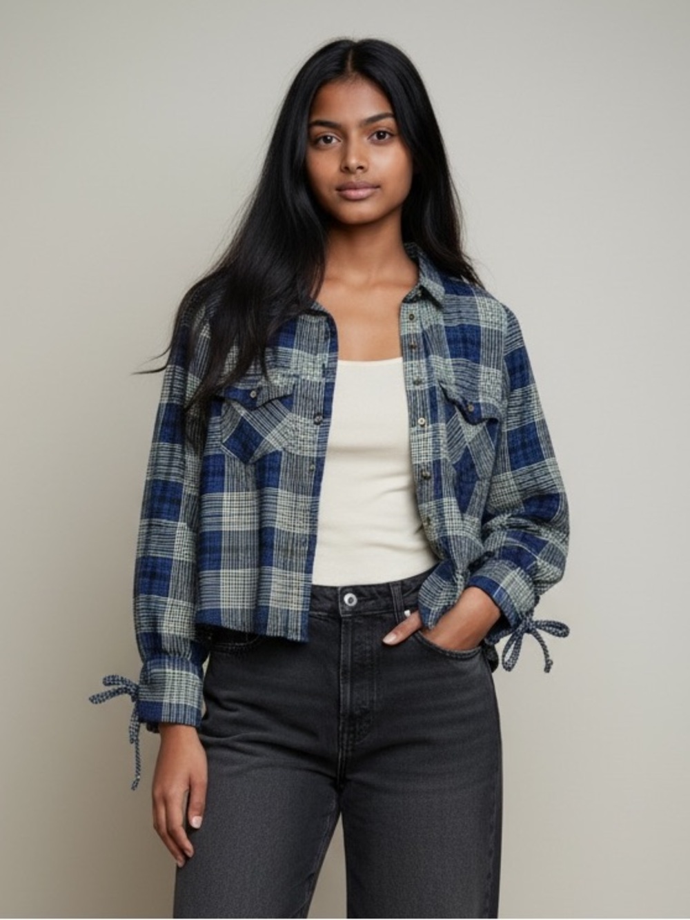 Free People We The Free Sun City Plaid Top XS Puff Sleeve Tie Cuff Blue Green